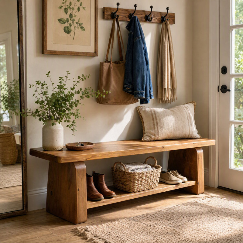 Banc en bois massif de 160 cm, banc à chaussures d'entrée avec rangement