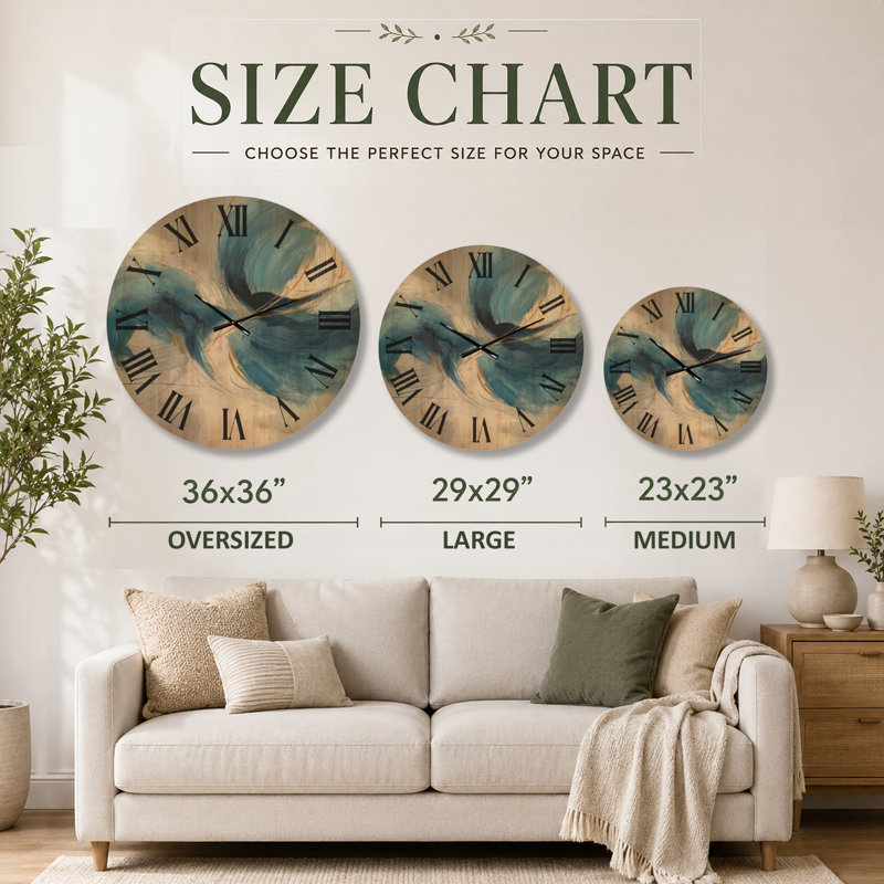 Très grande horloge murale minimaliste en bois - Tourbillon abstrait dans des tons bleus et blancs, Large