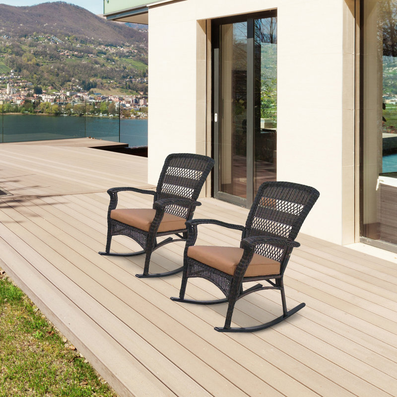 Chaise berçante d'extérieur en métal avec coussins, Brun, Brun