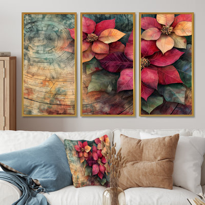 Fleurs de poinsettias rouges sur une glissade en bois IV - art mural poinsettias - ensemble de 3