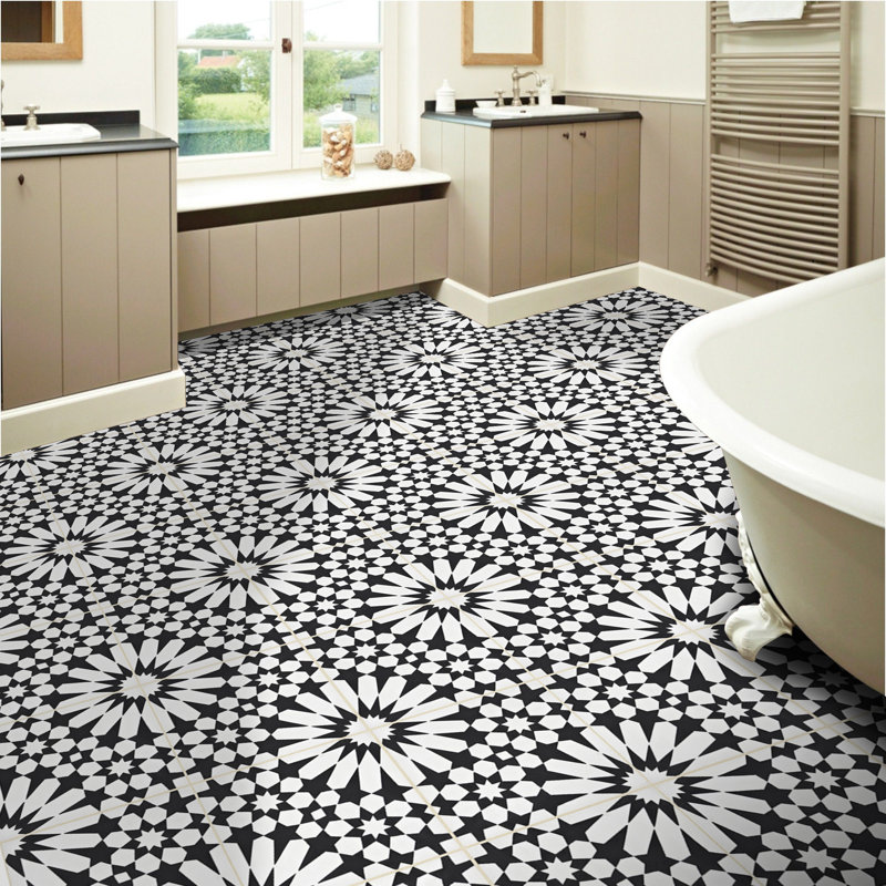 Agdal 8" x 8" Cement Patterned Wall & Floor Tile, Black/White