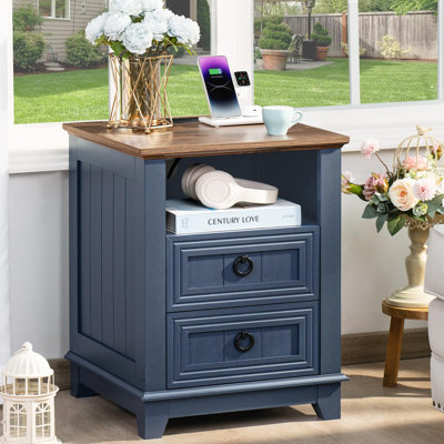 18-Inch Farmhouse Nightstand with Charging Station, 2 Drawers, Open Shelf & Wooden Legs