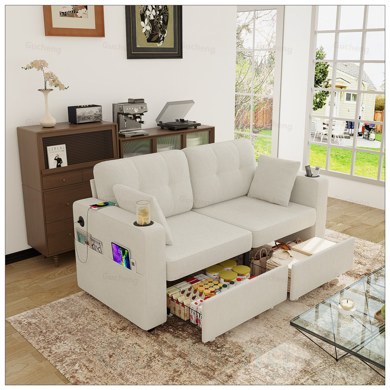 Canapé en chenille moderne avec charge USB, rangement et porte-gobelet pour les petits salons et appartements, Beige