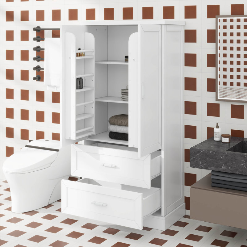 Maximize Space With Tall Bathroom Storage Cabinet, Adjustable Shelf, Two Doors And Drawers, White