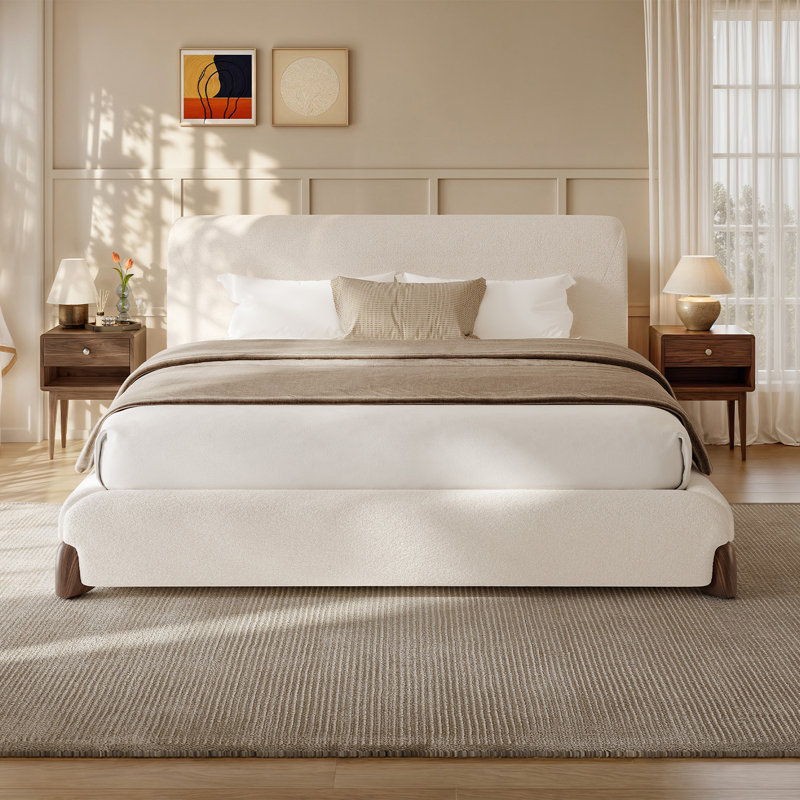 Upholstered Bed Frame with Thickness Headboard, Sherpa King Platform Bed With Wood Slats, King