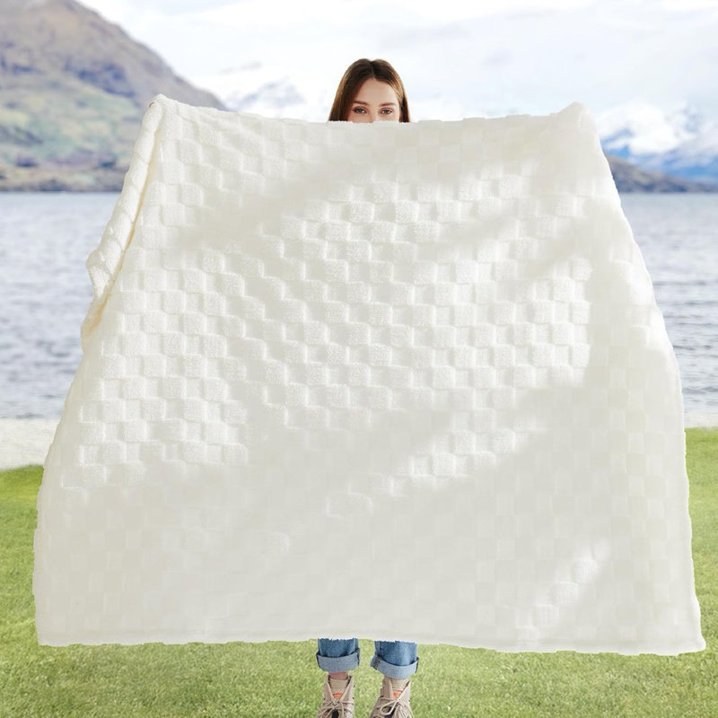  Soft And Cozy Checkered Fleece Throw Blanket For Bed & Sofa., 40" W x 60''L, White