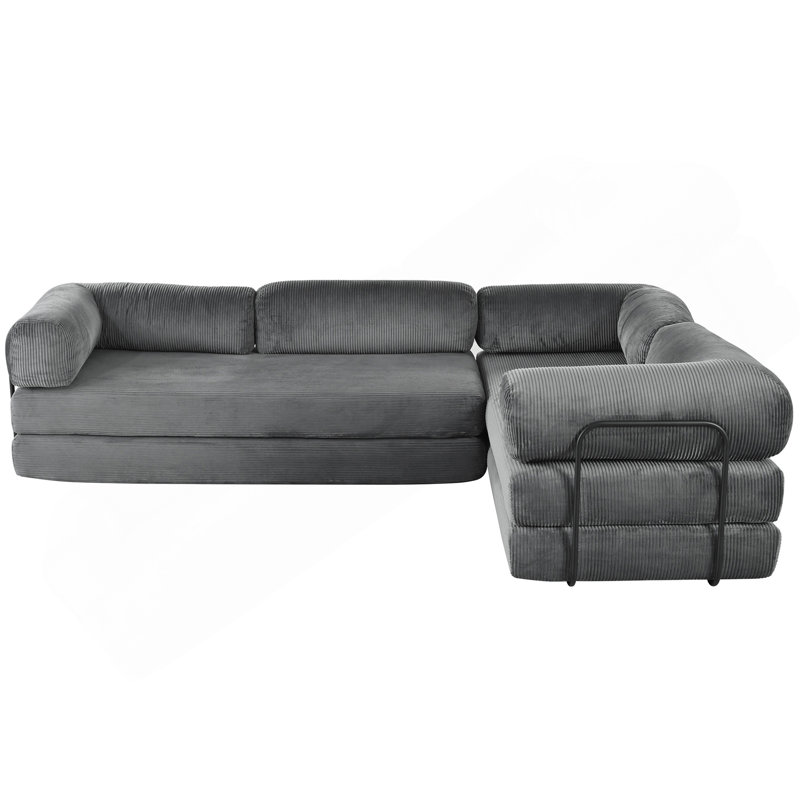 Canapé-lit modulaire en L en velours côtelé, idéal pour les salons et les appartements, Grey Polyester, Gris
