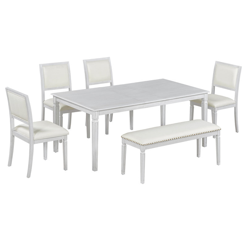 Vintage Extendable 6-Piece Dining Set with 4 Chairs and Bench, White