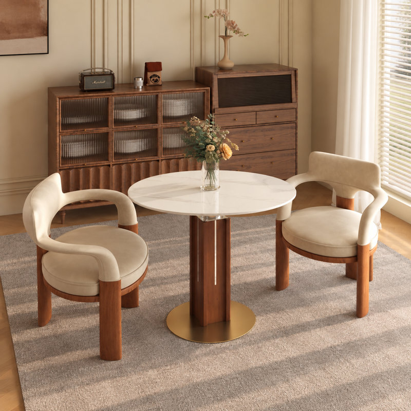 Table de salle à manger ronde 33 po de luxe avec piédestal multicouche en noyer et base en or brossé - disponible en verre, marbre blanc, plateau en marbre chaud