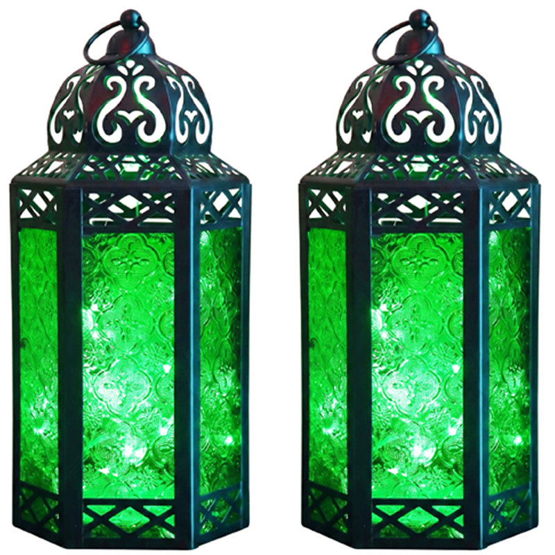Decorative Moroccan Candle Lantern with LED Fairy Lights, Black/Green, 12" H x 5.75" W x 4.4" D