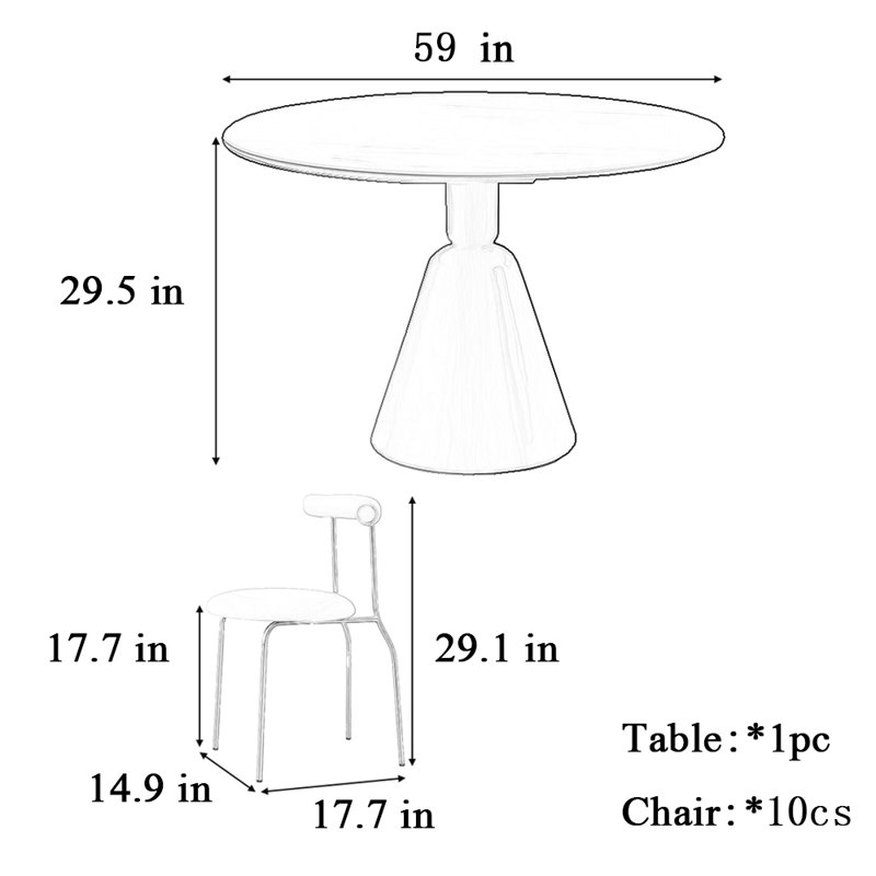 Chaise de table ronde simple Butter Wind, H 29,5 po x L 59 po x l 59 po, 11 Pieces: Table, 10 Chairs