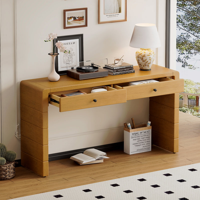 Curved Console Table, With Storage Wooden Entryway Table With 2 Drawers, Farmhouse Rustic For Entryway, Hallway, Living Room (Natural)