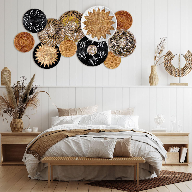 Boho Wall Decor 11 Pcs, Handwoven Bulrush Wall Baskets Set, Round Woven Wall Art For Farmhouse Living Room Kitchen Rustic Home Decor