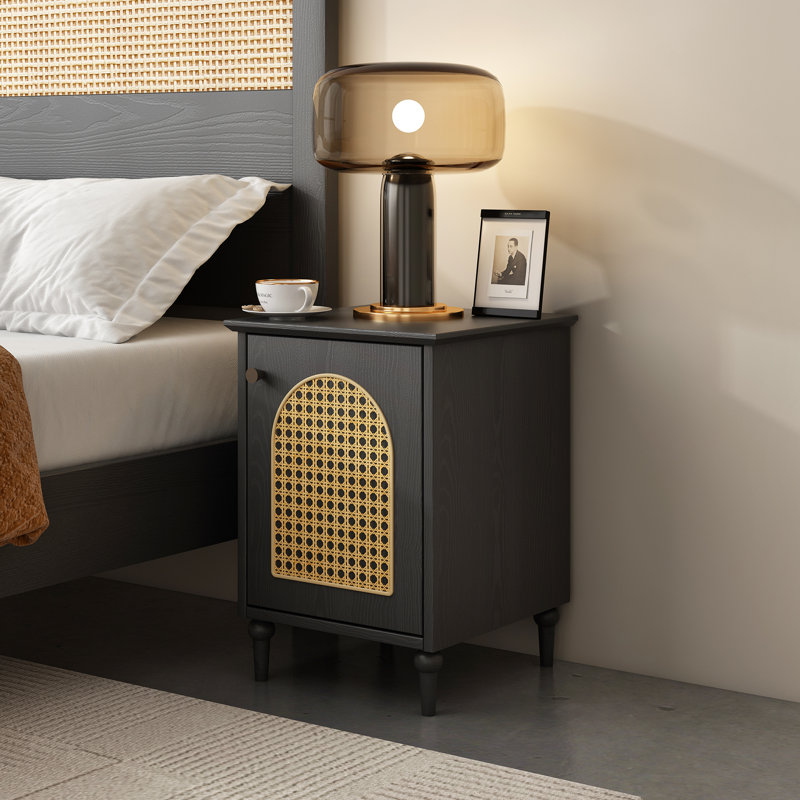 Rattan Nightstand, Wooden Bedside Table With Storage