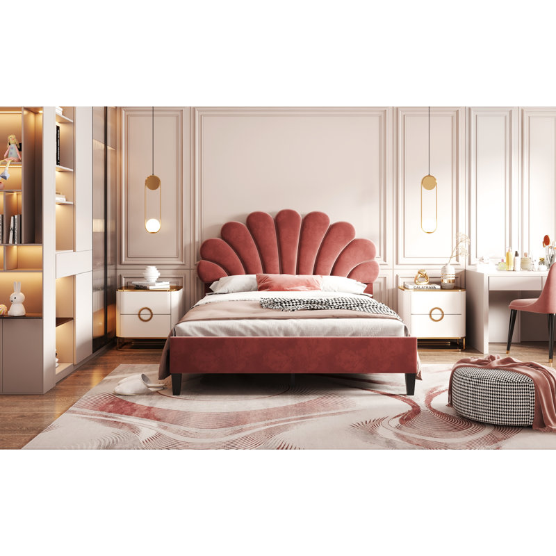 Full Size Velvet Upholstered Bed - Bean Paste Red, Artistic Headboard, Strong Wood Frame, No Foundation Needed, Partial Assembly Flower Pattern Headboard Size, Robust Construction, Extra Comfort