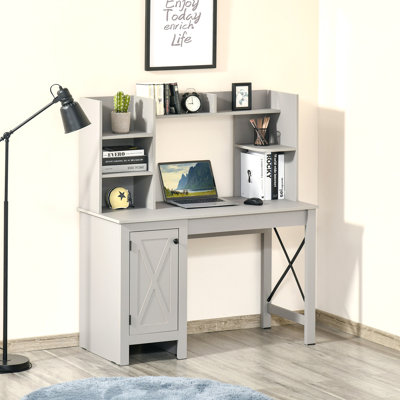 Farmhouse Computer Desk With Hutch And Cabinet, Home Office Desk With Storage, For Study, Light Grey