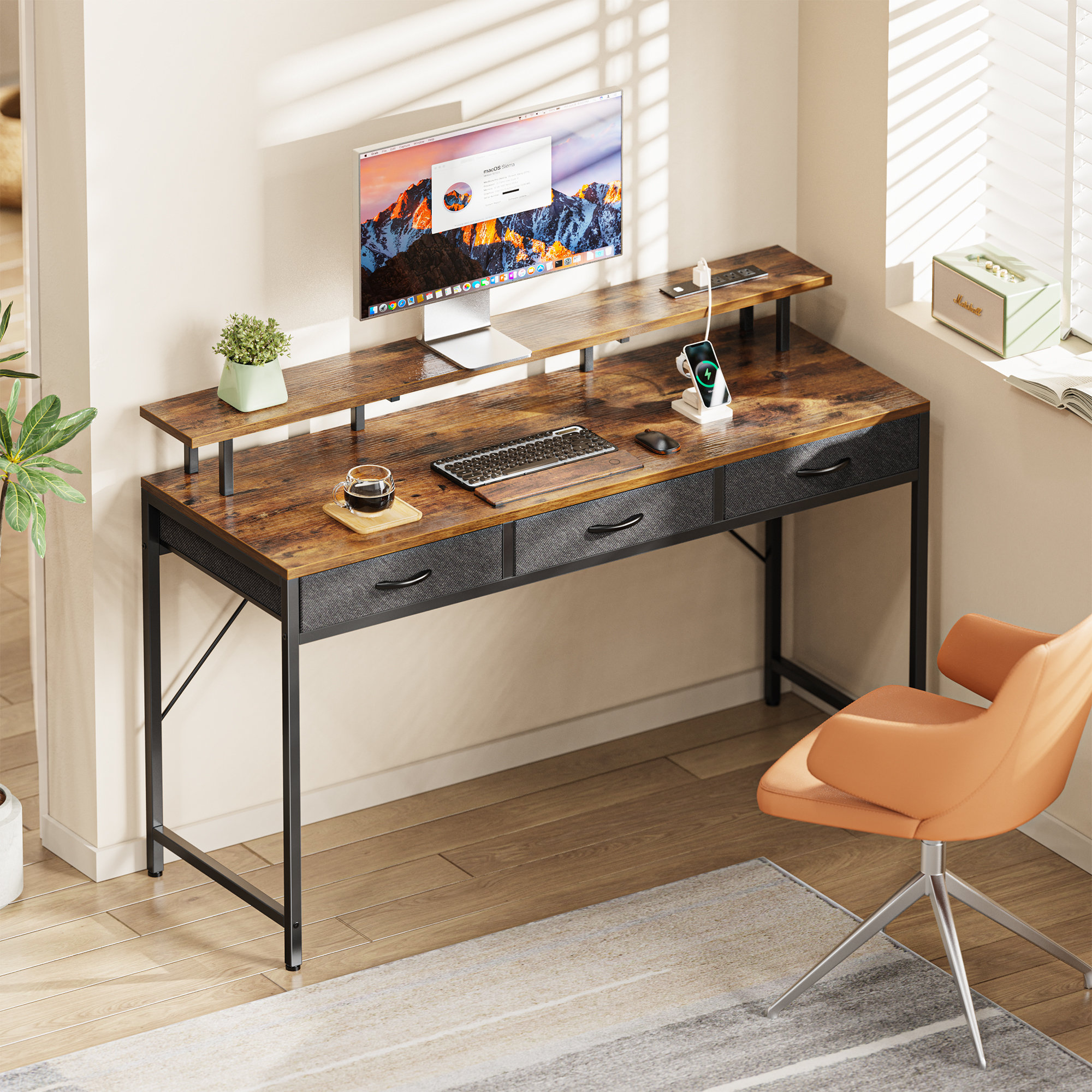 Inbox Zero Bureau d'ordinateur debout avec tiroirs avec prises à DEL