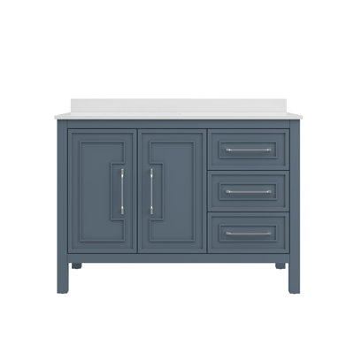 Meuble-lavabo autoportant simple de 48 po OVE Catali en chambray, plateau en pierre reconstituée blanche, quincaillerie en nickel brossé