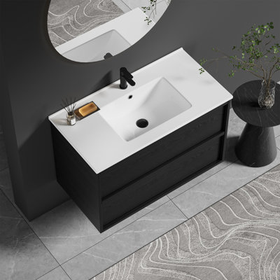 Mid-Century Modern Wall-Mounted Vanity With Soft-Close Drawers & Ceramic Sink