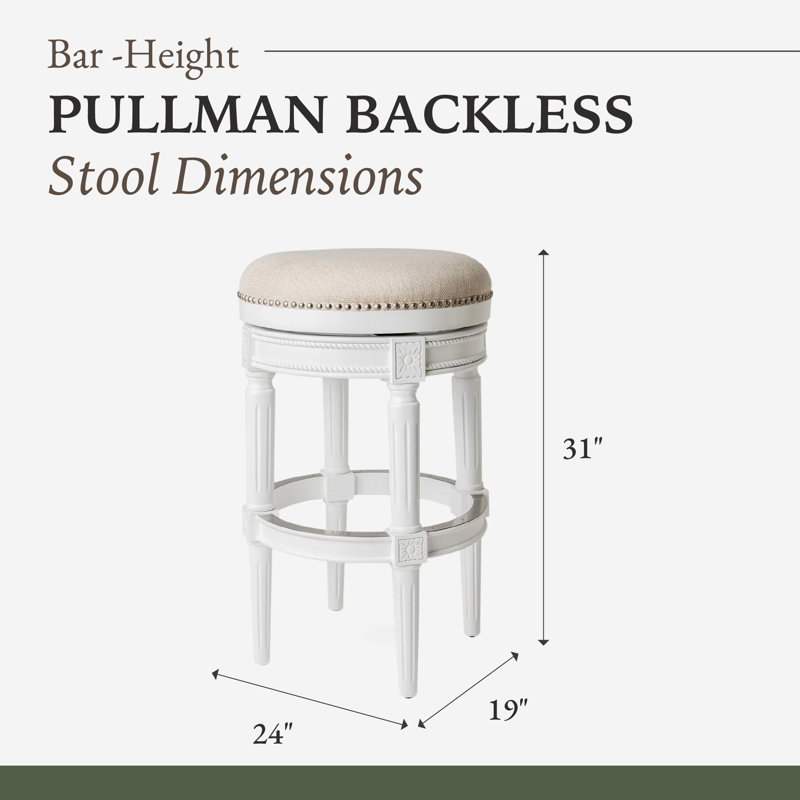 Alabaster White Swivel Backless Bar Stool with Hand-Carved Wood