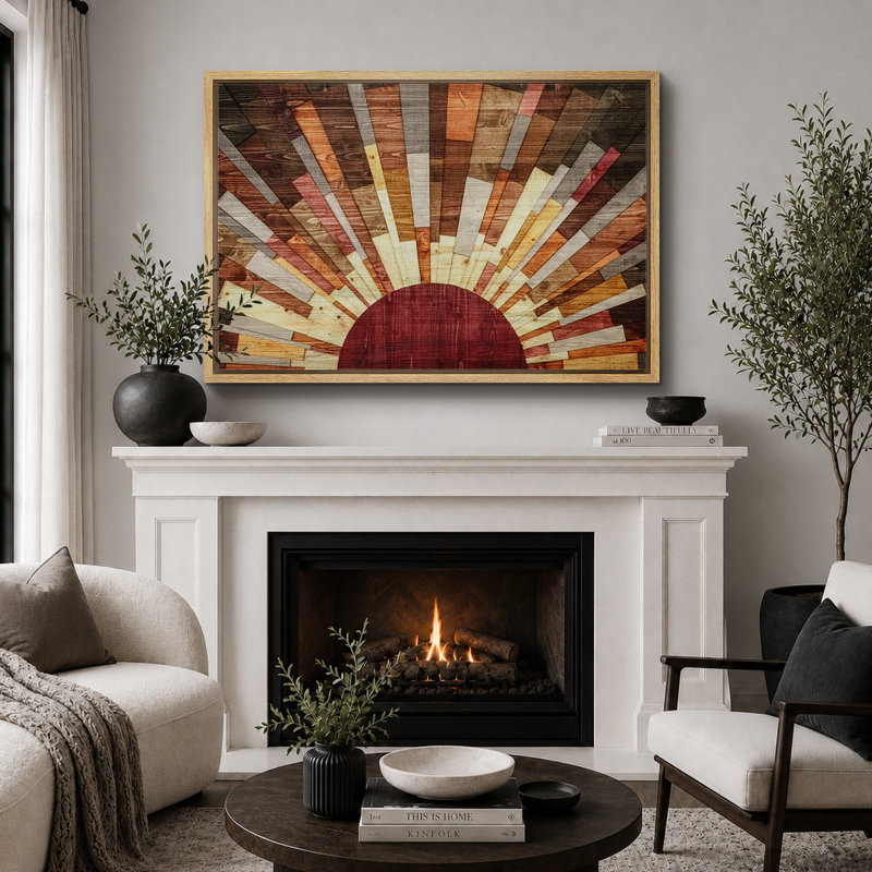 «Western Wood Effect Landscape Brown Sun Rays», impression rustique sur toile encadrée, H 24 po x l 36 po, Naturel