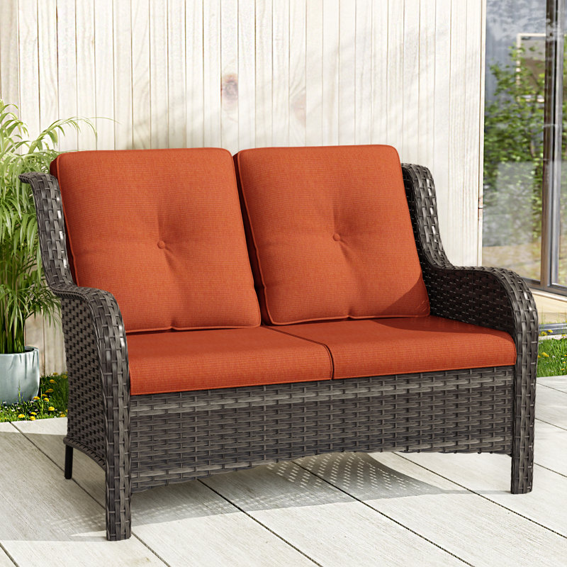 Anahit Outdoor Wicker Loveseat with Cushions, Orange