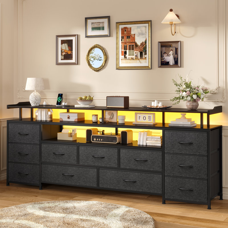 Tv Stand For Tvs Up To 70", Large Led Media Console With Charging Station And Led Light, Black