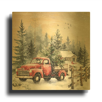 «Cozy Christmas Woods B» par Jean Plout, art mural en métal doré, 36 po x 36 po