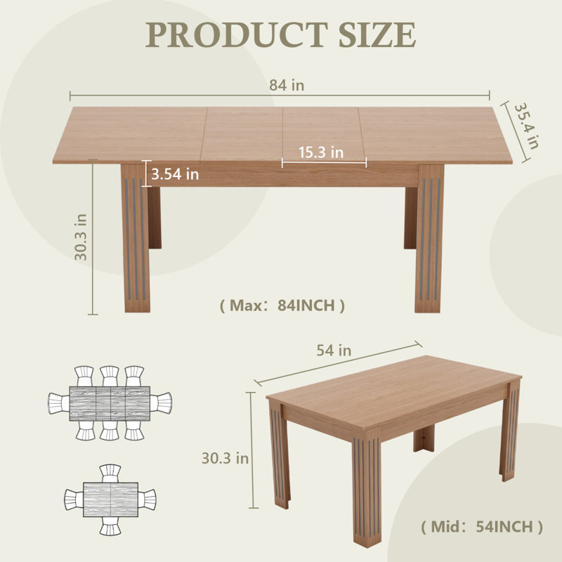 54-84" Extendable Rectangular Dining Table for 4-8 People, Wood Kitchen Table, Includes Table Runner- Natural, Natural