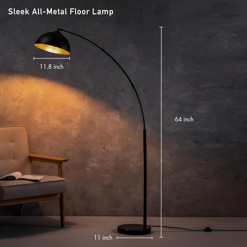 Modern Arc Floor Lamp with Adjustable Dome Shade, Marble Base, and Foot Pedal Switch, 64 Inch - Ideal for Living Room, Bedroom, Office. Gold and Black