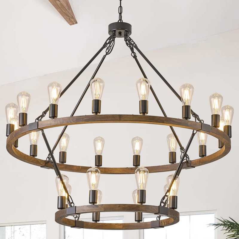 Grand lustre en roue de chariot à deux niveaux de 43,3 pouces avec 24 lumières, bois de chêne rustique et luminaire campagnard en métal noir pour salon à plafond haut, salle à manger ou vestibule