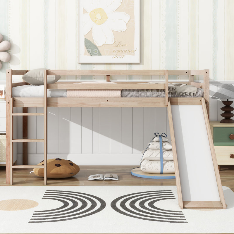 Twin Low Loft Bed with Slide, Ladder & Safety Guardrails – Rubber Wood Kids Bedroom Play Loft,Natural