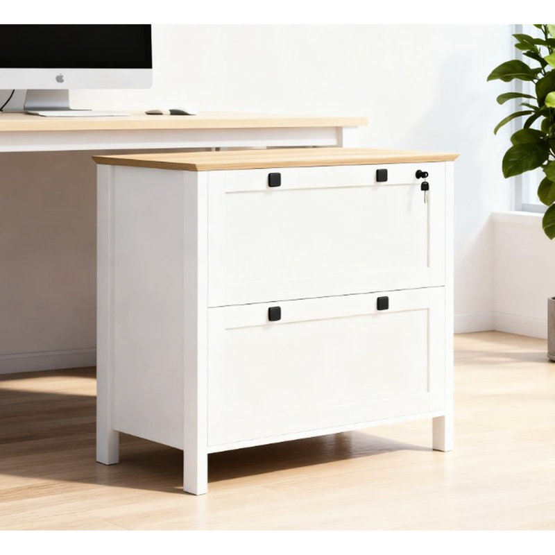Classeur latéral à deux tiroirs avec barre de suspension réglable pour le rangement de bureau à domicile, dossiers de format lettre idéale A4 et format légal, clés à verrou verrouillables, fabrication de panneau de particules enduit, couleurs chêne blanc, 31,1 po