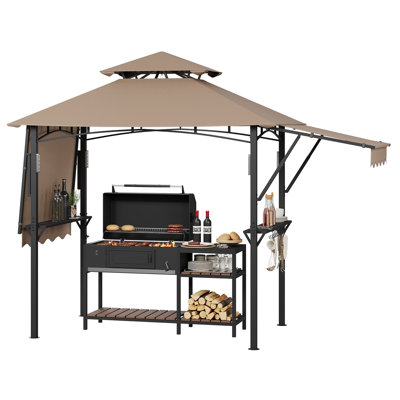 Heavy Duty 8x5 ft Grill Gazebo for Outdoor BBQ – Double-Tier Steel Patio Shelter with Adjustable Dual Side Awnings, 2 Shelves, Hooks, 4 LED Lights, Ceiling Hook – Backyard, Lawn, Garden – Brown