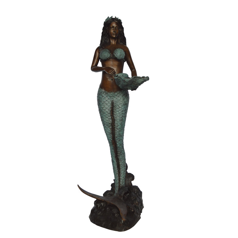Fontaine en cuivre / métal sirène tenant une coquille de bronze - Taille: L 18 po x l 19 po x H 46 po.