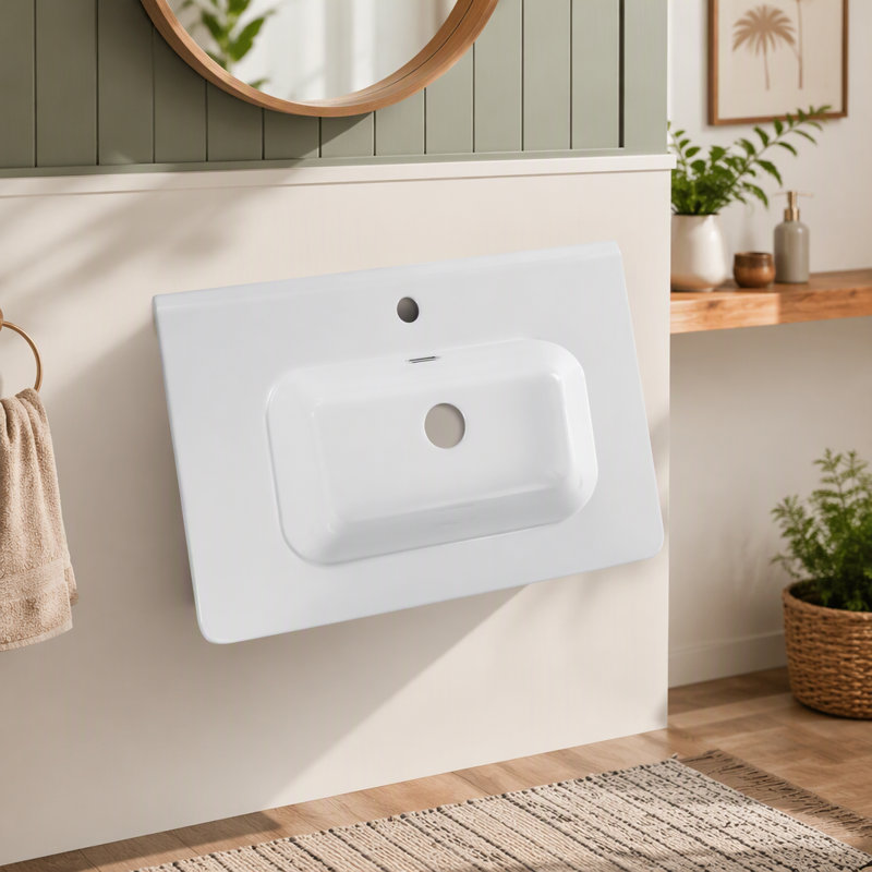 Vasque en céramique intégrée, blanche, BB04-30-301, bonde non incluse, pour salle de bain ou cuisine