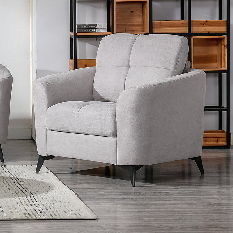 Chaise grise avec coussin moelleux et siège d'une profondeur de 21,5 po, tissu de 39 po, hauteur de dossier de 18 po, ressorts ensachés