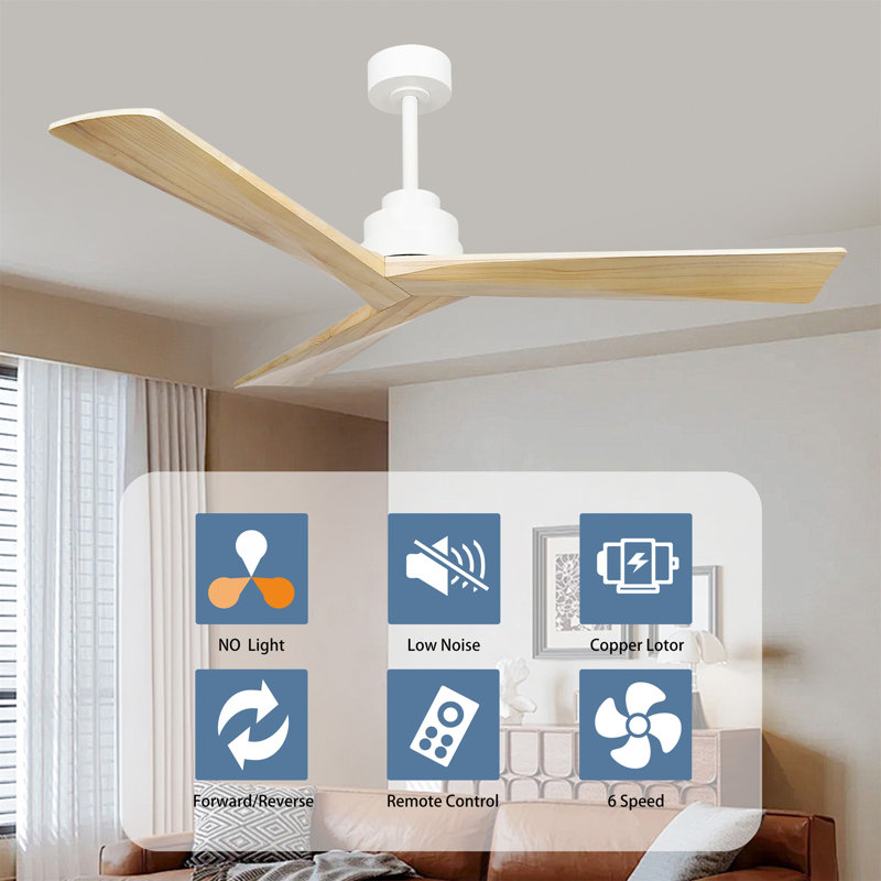 52" Wood Ceiling Fan NO Light, White, Natural Wood