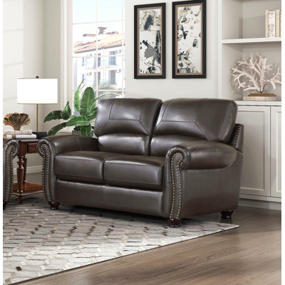 Causeuse en cuir brun foncé avec accoudoirs roulés et garniture cloutée 1pc