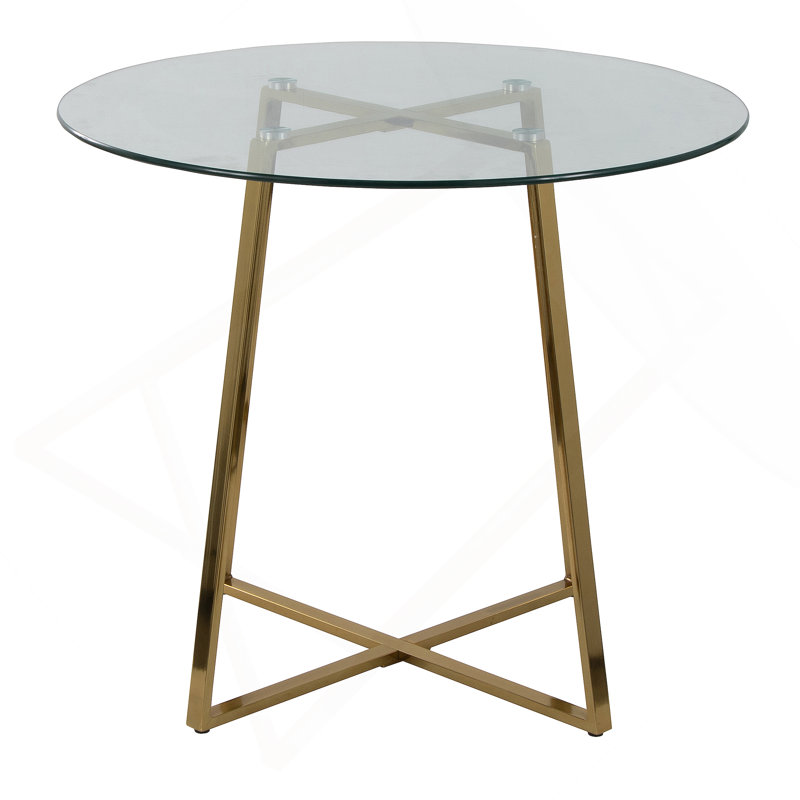 Dinette Table In Gold Metal And Clear Tempered Glass