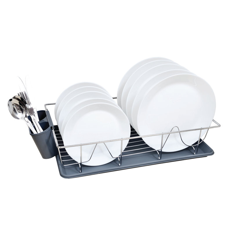 Gray Chrome Dish Rack with Tray and Utensil Holder