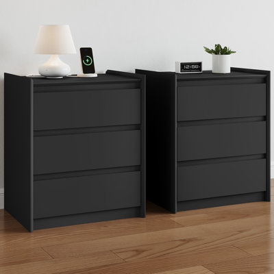 Modern Minimalist Nightstand with 3 Drawers & Hidden Charging Station, Black or White