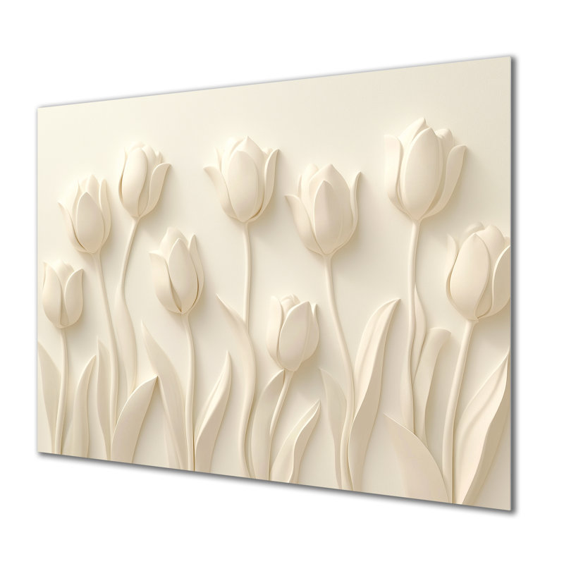 Minimal White Tulips In Bloom I - Art mural floral en métal, impression de tulipes, H 24 po x l 32 po x P 0,84 po