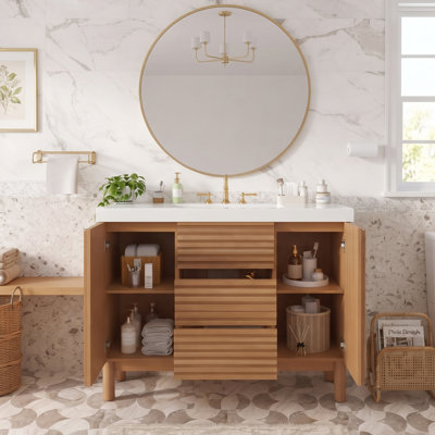 Meuble-lavabo moderne de 47 pouces avec lavabo en résine SMC, armoire de rangement avec pieds en bois massif et tiroirs à fermeture douce (naturel)