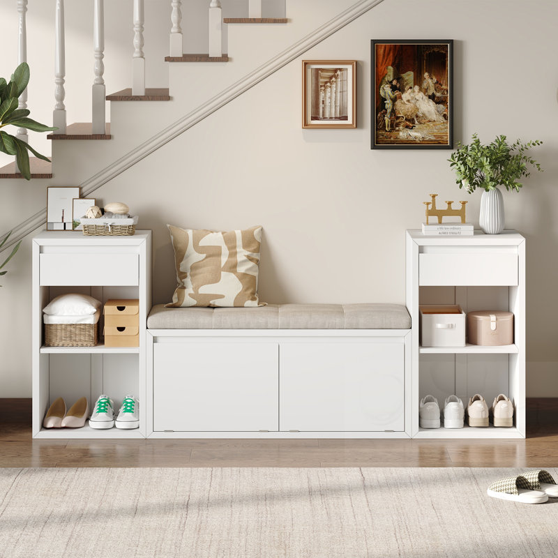 Banc de rangement pour chaussures avec coussin, tiroirs et tablettes ouvertes, White