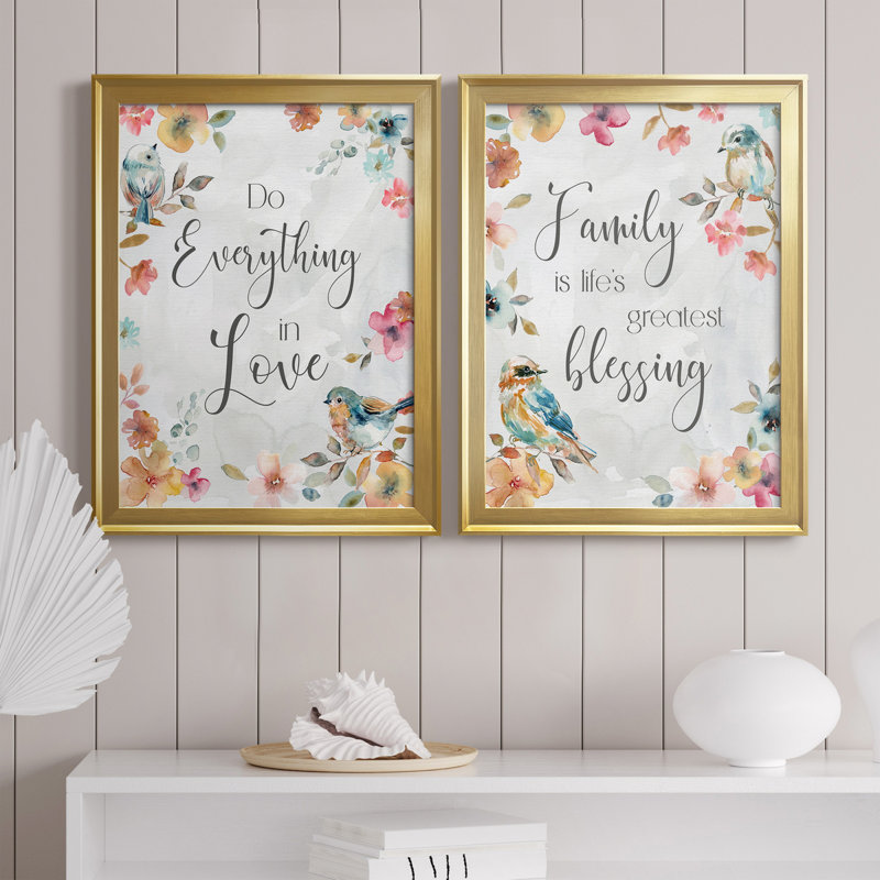 " Spring Bird Love " 2 Piece Art Color Photography Painting, 22.5" H x 61" W x 1.5" D, Gold Framed Canvas