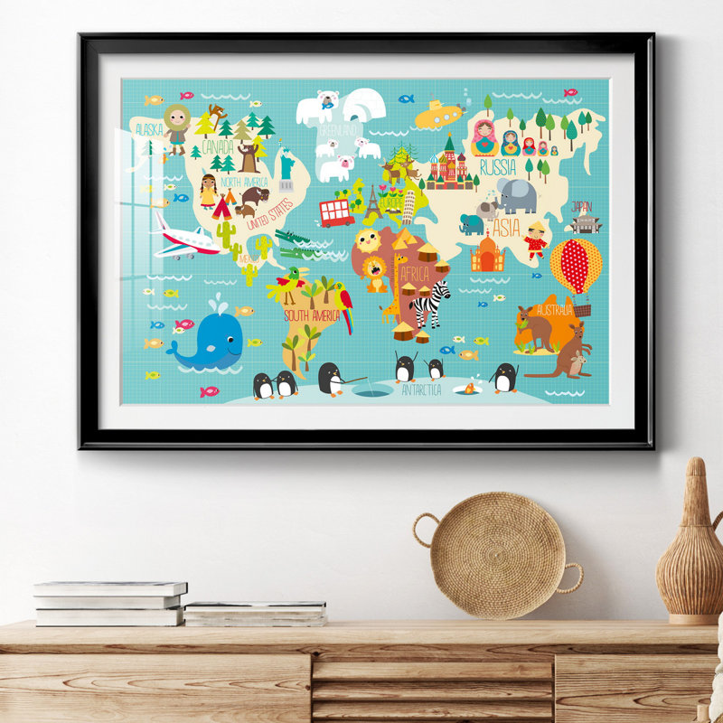 Carte du monde des enfants - impression encadrée, H 18,5 po x l 24,5 po x P 1,5 po, Cadre noir