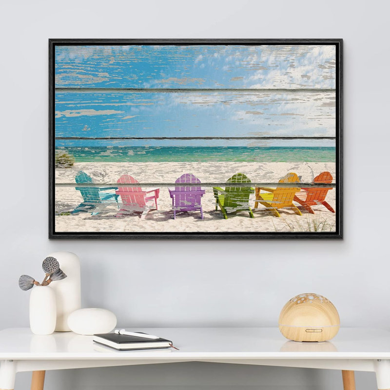«Coastal Beach Colorful Beach Chairs on White Soft Sand», impression sur toile tendue, H 24 po x l 36 po, Cadre flottant noir