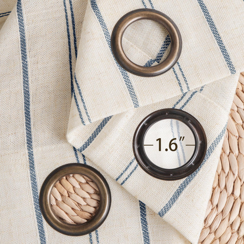Farmhouse Linen Blend Stripe Semi-Sheer Grommets Curtain Pair, 52" W x 84" L, Blue