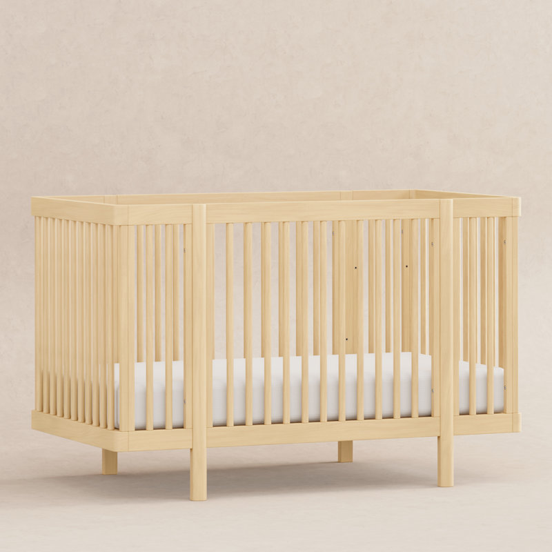 Blonde Pine Wood Convertible Crib with Rounded Spindles
